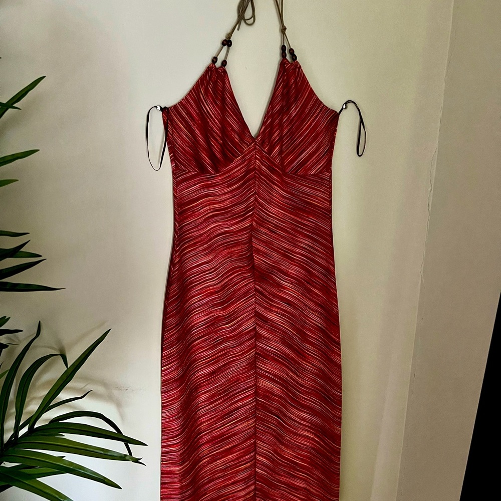 Guess Red and orange shiny dress with leather straps. Just gorgeous on!